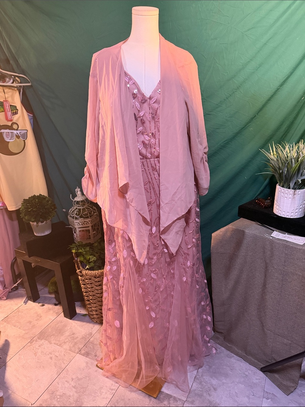 Elegant Blush Pink Embellished Evening Dress with Matching Shawl